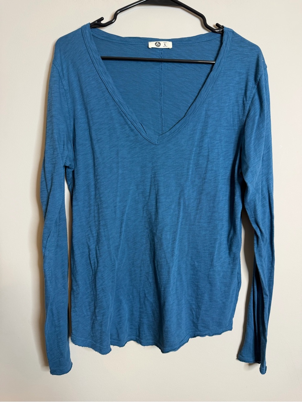 American Giant Premium Slub V-Neck Long Sleeve Cotton Tee Teal Blue Size Large